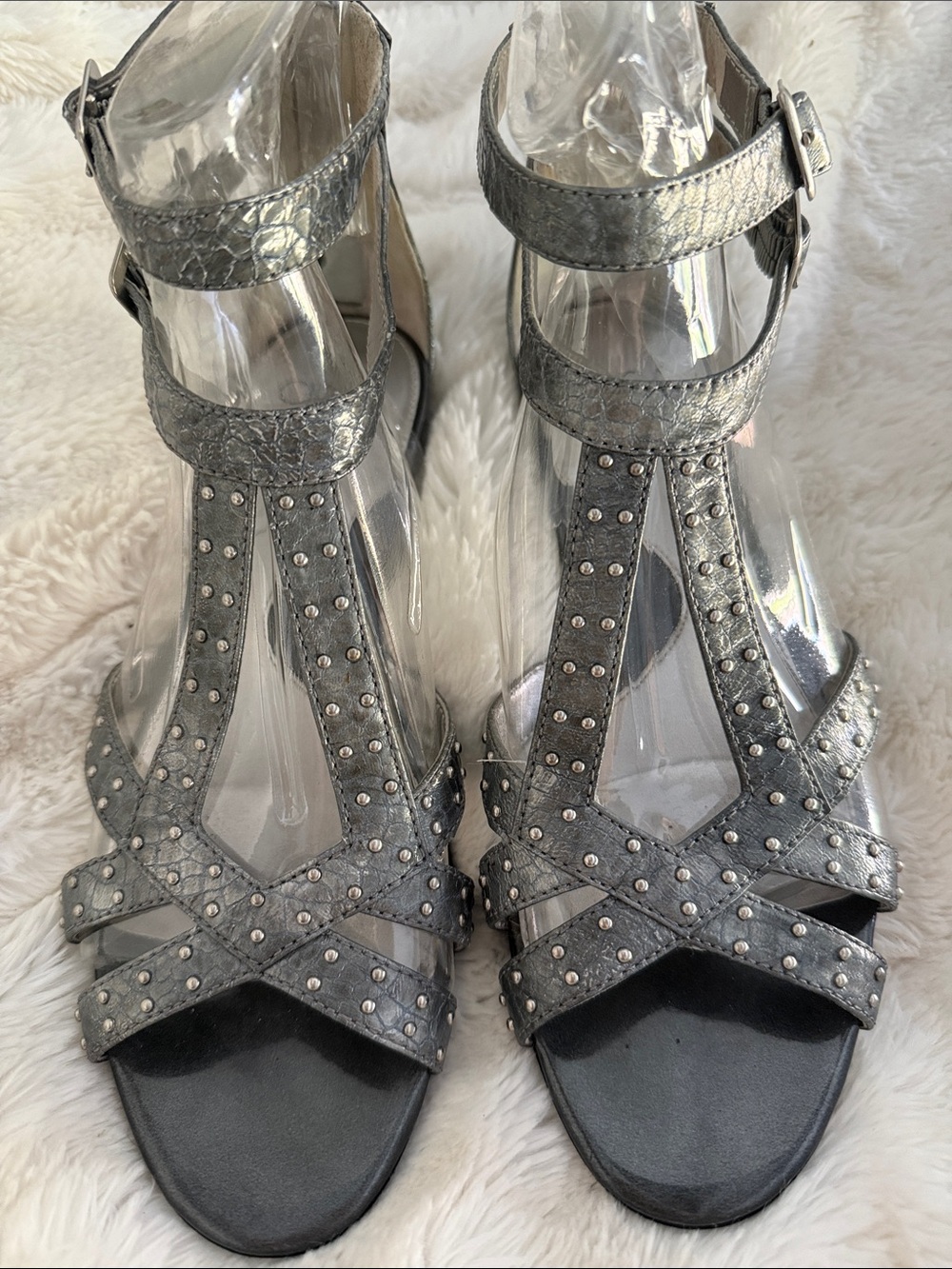 Studded Metallic Gray Women's T-Strap Sandals